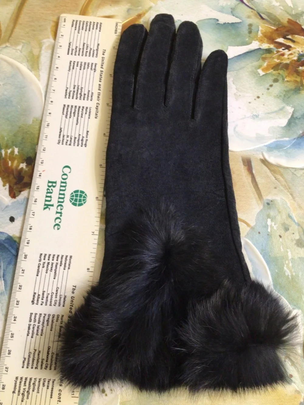 Genuine Suede Leather Black Women’s Gloves with Rabbit Fur Cuffs Size M